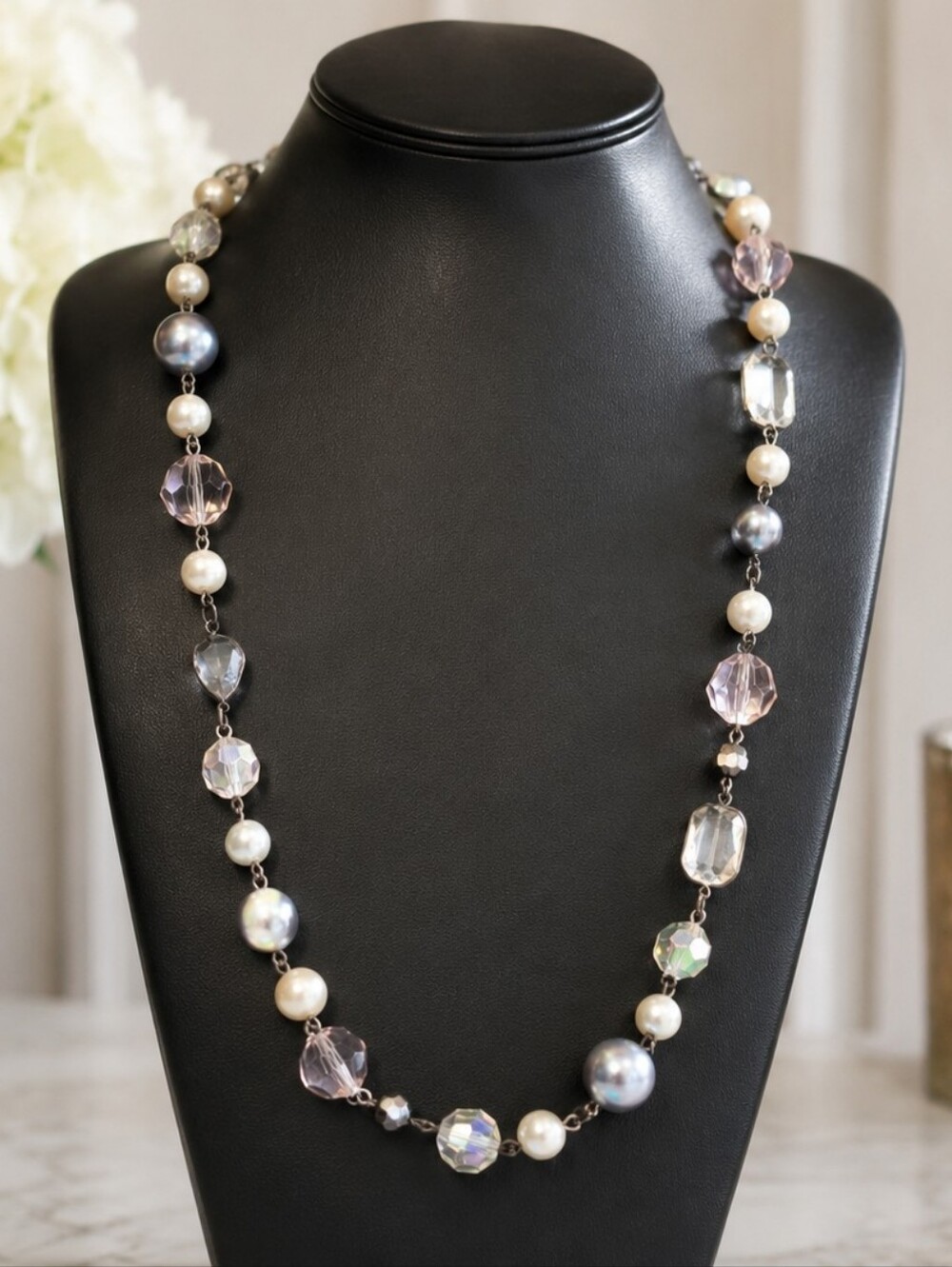 Vintage Faux Pearl Crystal Station Necklace Gunmetal Tin Cup Long Necklace